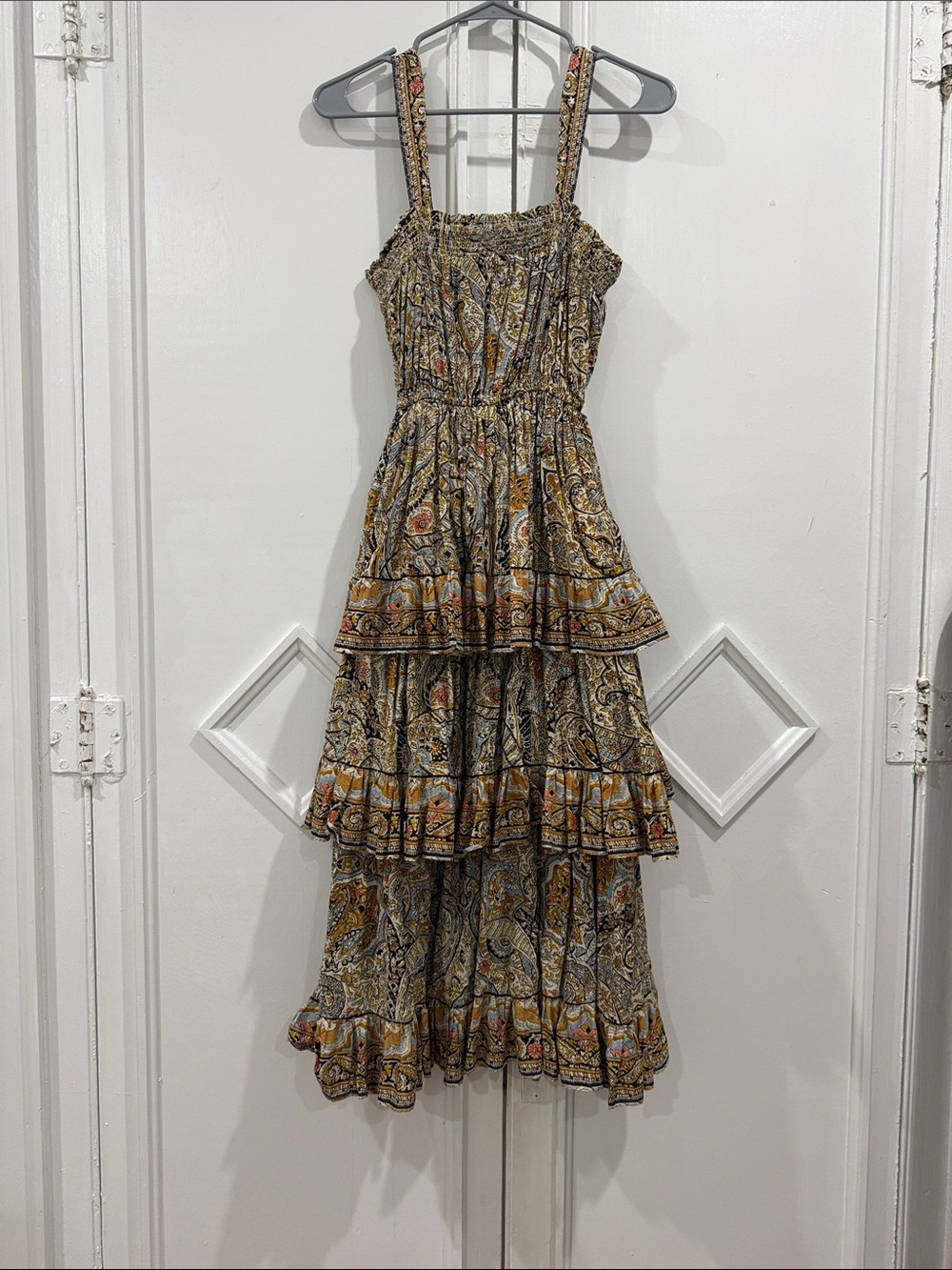 Cleobella Mustard and Black Paisley Tiered Maxi Dress